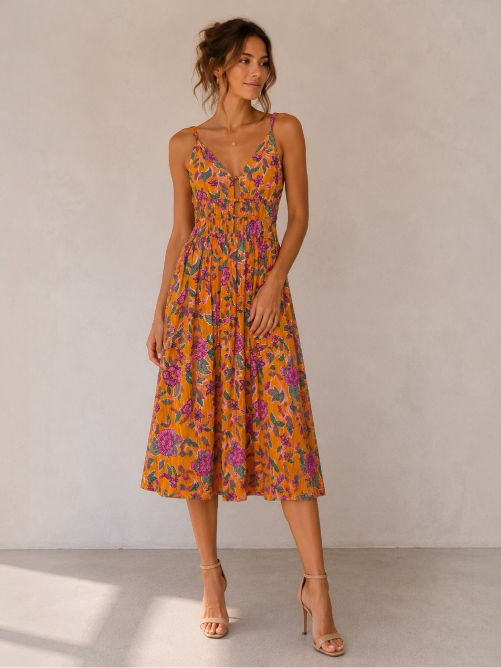 Caroline Constas Yellow Floral Smocked V-Neck Midi Dress NWT XS Boho Resort